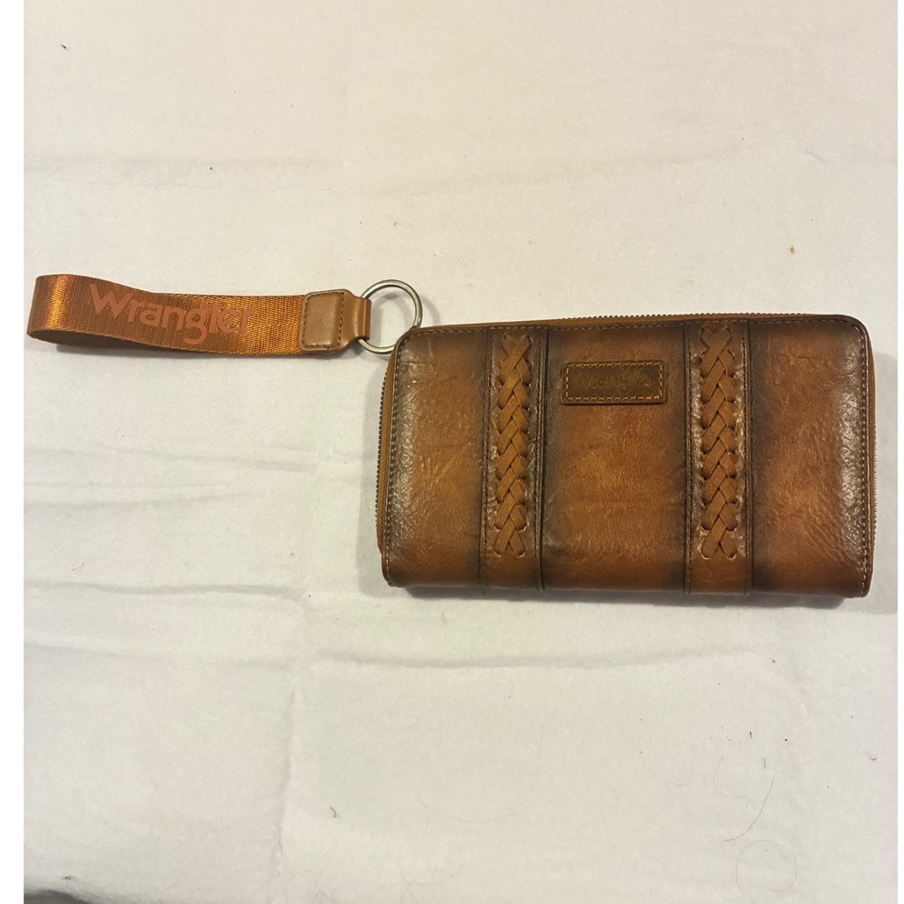 Wrangler Womens Brown Burnished Vegan Leather Zip Around Wristlet Wallet